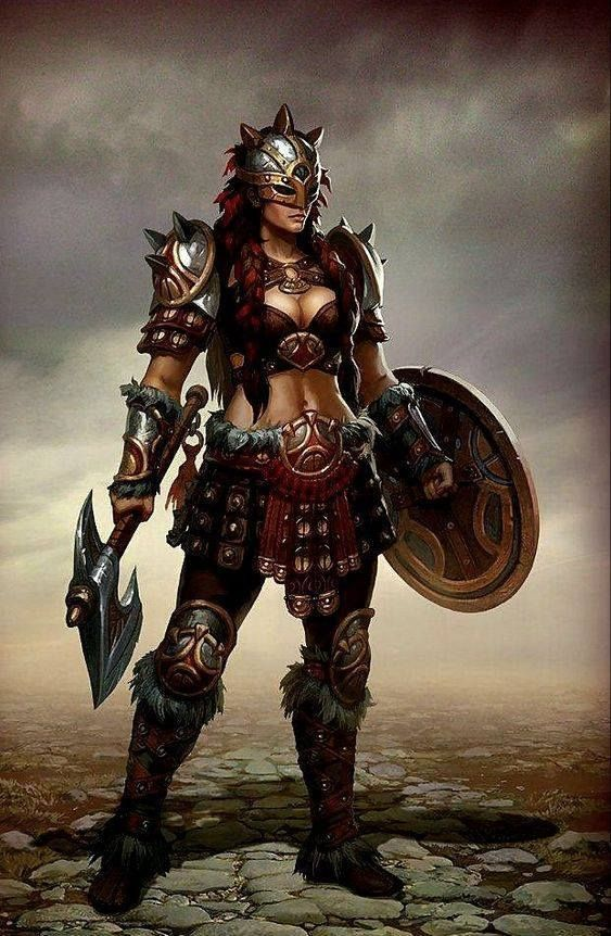 Brunette Female Human Barbarian Axe Shield - Pathfinder PFRPG DND D&D d20 fantasy